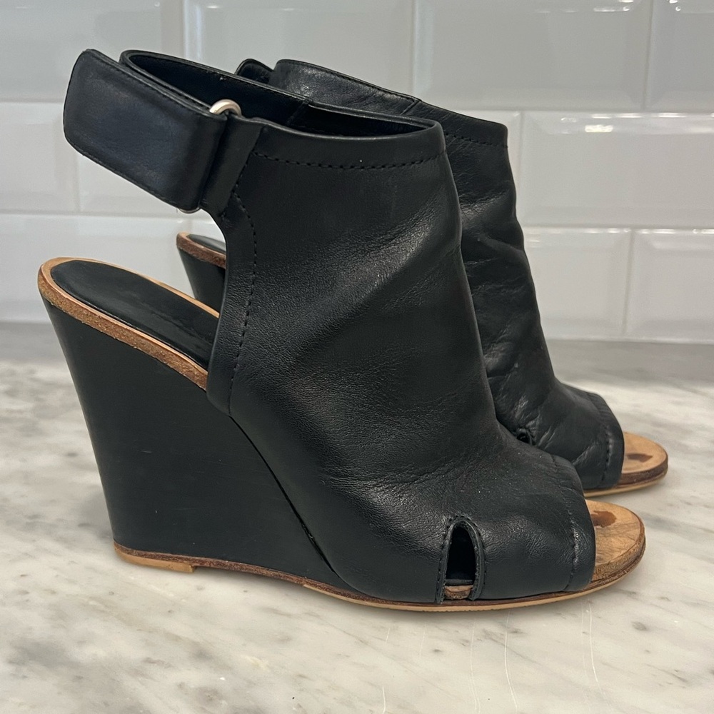 rag & bone Black Leather Peep-Toe Wedges